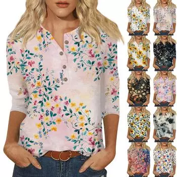 Женский свободный повседневный топ с рукавом семь четвертей и цветочным принтом с круглым вырезом на пуговицах L бежевый