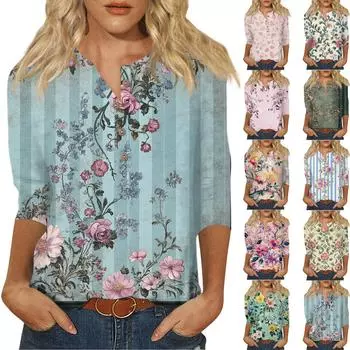 Женский свободный повседневный топ с рукавом семь четвертей и цветочным принтом с круглым вырезом на пуговицах L армия зеленый