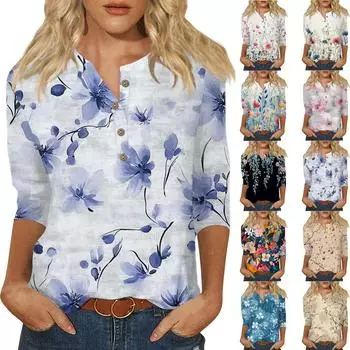 Женский свободный повседневный топ с рукавом семь четвертей и цветочным принтом с круглым вырезом на пуговицах L бежевый