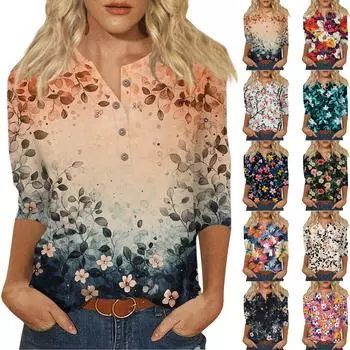 Женский свободный повседневный топ с рукавом семь четвертей и цветочным принтом с круглым вырезом на пуговицах L циан