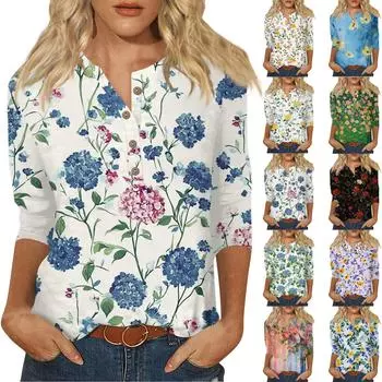 Женский свободный повседневный топ с рукавом семь четвертей и цветочным принтом с круглым вырезом на пуговицах L армия зеленый