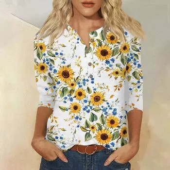 Женский свободный повседневный топ с рукавом семь четвертей и цветочным принтом с круглым вырезом на пуговицах S чёрный