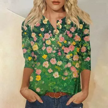 Женский свободный повседневный топ с рукавом семь четвертей и цветочным принтом с круглым вырезом на пуговицах S синий