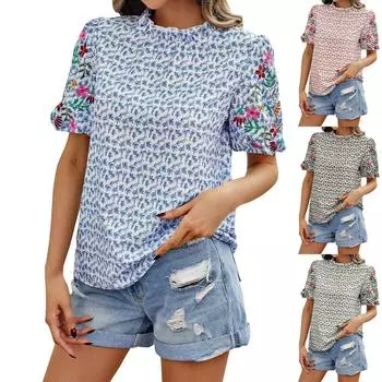 Женский свободный повседневный топ с вышитым принтом и пряжкой, волнистый, с высоким воротом, в стиле колор-блок L чёрный