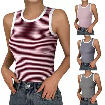 Женский свободный повседневный трикотажный полосатый контрастный топ, жилет и базовая рубашка L чёрный