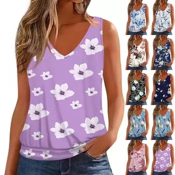 Женский свободный повседневный жилет без рукавов с v-образным вырезом и цветочным принтом XL синий