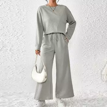 Женский свободный простой однотонный костюм для отдыха на осень и зиму, новая фактура, спортивная одежда на шнурке S белый