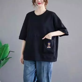 Женский свободный пуловер больших размеров, топ с короткими рукавами, дышащий, повседневный, с круглым вырезом, с коротким рукавом 5XL чёрный