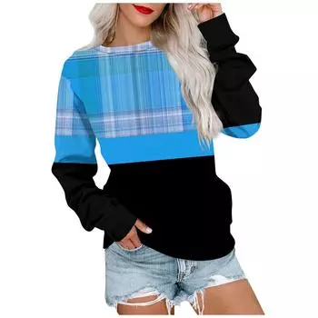 Женский свободный пуловер с круглым вырезом и принтом в клетку с градиентом L синий