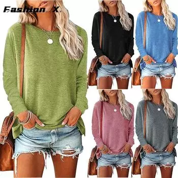 Женский свободный пуловер с круглым вырезом, однотонная женская футболка с длинными рукавами, топ S чёрный