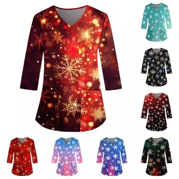 Женский свободный рабочий топ с V-образным вырезом и карманом, рождественским принтом и рукавом три четверти XXL чёрный