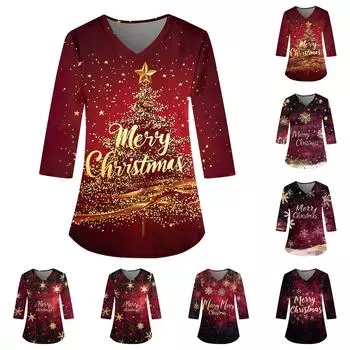 Женский свободный рабочий топ с V-образным вырезом и карманом, рождественским принтом и рукавом три четверти XXXXL красный