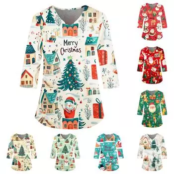 Женский свободный рабочий топ с V-образным вырезом и карманом, рождественским принтом и рукавом три четверти XXXXL бежевый