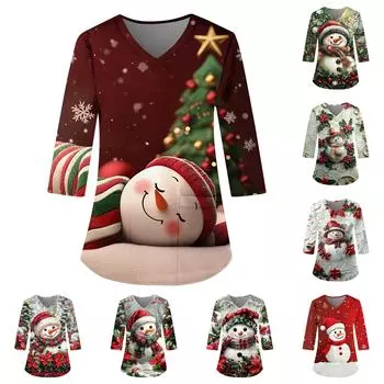 Женский свободный рабочий топ с V-образным вырезом и карманом, рождественским принтом и рукавом три четверти XXXXL белый