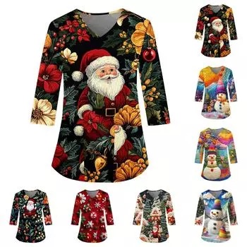 Женский свободный рабочий топ с V-образным вырезом и карманом, рождественским принтом и рукавом три четверти L тёмно-синий