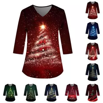 Женский свободный рабочий топ с V-образным вырезом и карманом, рождественским принтом и рукавом три четверти S зелёный