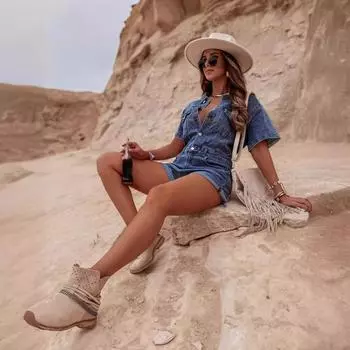 Женский свободный ретро-комбинезон с короткими рукавами и лацканами из джинсовой ткани L синий