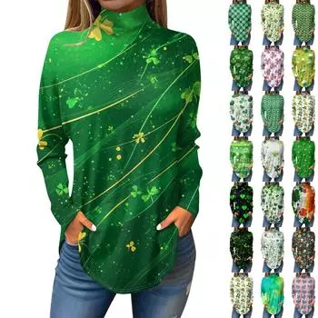 Женский свободный с высоким воротом St. Футболка с длинным рукавом и принтом Патрика. Верхний пуловер. L армия зеленый