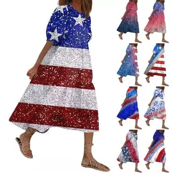 Женский свободный сарафан, повседневное богемное пляжное платье, винтажные платья с рукавами-пузырьками и принтом L синий