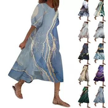 Женский свободный сарафан, повседневное богемное пляжное платье, винтажные платья с рукавами-пузырьками и принтом L
