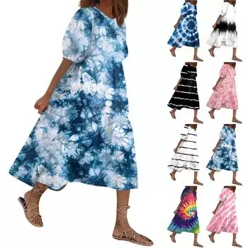 Женский свободный сарафан, повседневное богемное пляжное платье, винтажные платья с рукавами-пузырьками и принтом L чёрный