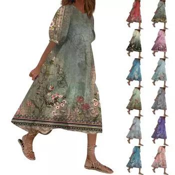 Женский свободный сарафан, повседневное богемное пляжное платье, винтажные платья с рукавами-пузырьками и принтом L