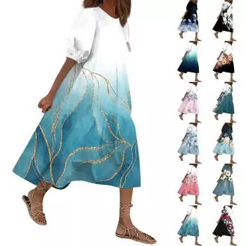 Женский свободный сарафан, повседневное богемное пляжное платье, винтажные платья с рукавами-пузырьками и принтом L бежевый