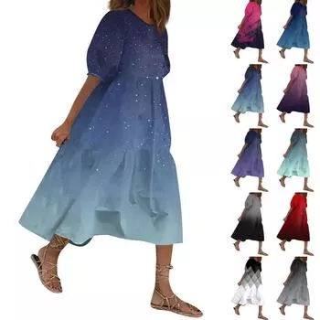 Женский свободный сарафан, повседневное богемное пляжное платье, винтажные платья с рукавами-пузырьками и принтом L синий