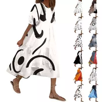 Женский свободный сарафан, повседневное богемное пляжное платье, винтажные платья с рукавами-пузырьками и принтом L чёрный