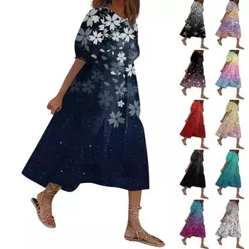 Женский свободный сарафан, повседневное богемное пляжное платье, винтажные платья с рукавами-пузырьками и принтом XL тёмно-синий