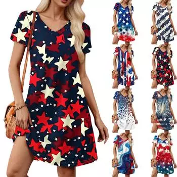 Женский свободный сарафан с коротким рукавом и V-образным вырезом с принтом «День независимости» и карманами S