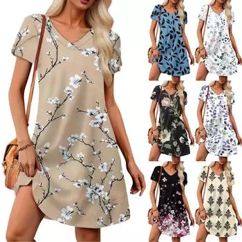 Женский свободный сарафан с коротким рукавом и V-образным вырезом с цветочным принтом и карманами L