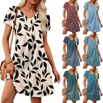 Женский свободный сарафан с коротким рукавом и V-образным вырезом с цветочным принтом и карманами L