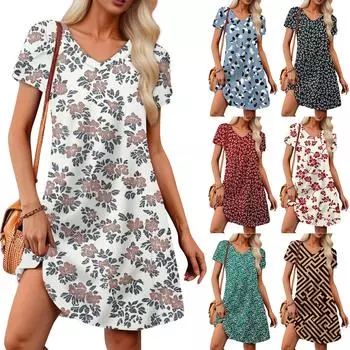 Женский свободный сарафан с коротким рукавом и V-образным вырезом с цветочным принтом и карманами L
