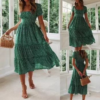 Женский свободный сарафан с короткими рукавами и цветочным принтом в стиле бохо, летние каникулы, пляжное платье миди XL зелёный