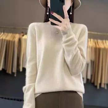 Женский свободный шерстяной свитер с круглым вырезом - теплый осенне-зимний топ S верблюд