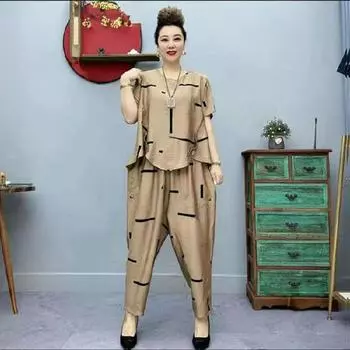 Женский свободный сплошной цвет, летний винтажный костюм с коротким рукавом, домашняя одежда, удобный костюм с коротким рукавом, короткий рукав + широкие брюки, комплект из 2 предметов XXL