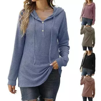 Женский свободный спортивный свитер с длинными рукавами и капюшоном на пуговицах S синий