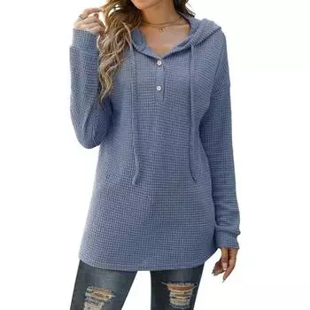 Женский свободный спортивный свитер с длинными рукавами и капюшоном на пуговицах S синий