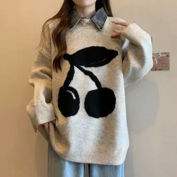 Женский свободный стиль, имитация двухсекционного базового свитера на осень и зиму, свободный трикотажный джинсовый топ в стиле пэчворк one size серый