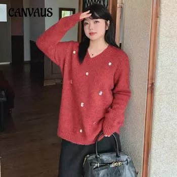 Женский свободный стильный свитер с V-образным вырезом больших размеров XL красный