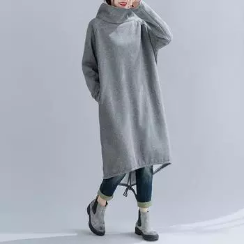 Женский свободный свитер-халат большого размера, водолазка, платье из хлопка и льна для женщин M серый