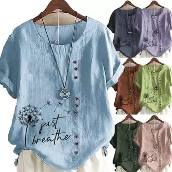 Женский свободный свитер из хлопка и льна с принтом одуванчика и короткими рукавами для женщин XS зелёный