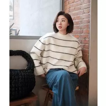 Женский свободный свитер из смесовой шерсти в полоску, осень/зима 2024 г. XS чёрный