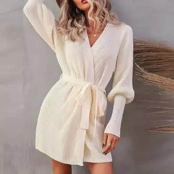 Женский свободный свитер-кардиган средней длины на осень и зиму со шнуровкой S абрикосовый