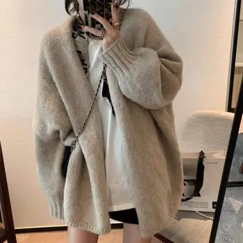 Женский свободный свитер, осенний однотонный кардиган, вязаный свитер, женское повседневное свободное пальто с длинными рукавами m