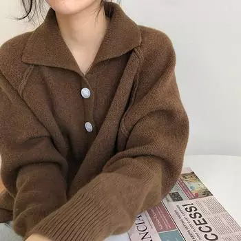 Женский свободный свитер, пальто, однотонный вязаный топ с пуговицами и лацканами One size кофейный
