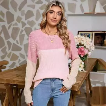 Женский свободный свитер-пуловер с длинными рукавами и круглым вырезом для поездок на работу и обратно в осенне-зимнем стиле S розовый