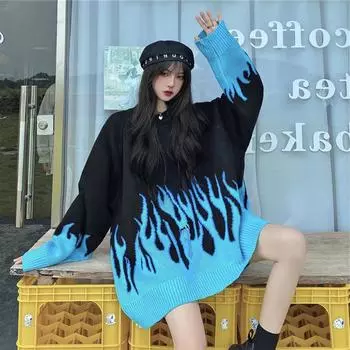 Женский свободный свитер с длинным рукавом синего пламени, вязаный свитер одинакового цвета с круглым вырезом, пуловер, топы S