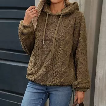 Женский свободный свитер с капюшоном из плюшевой ткани с длинными рукавами XL хаки
